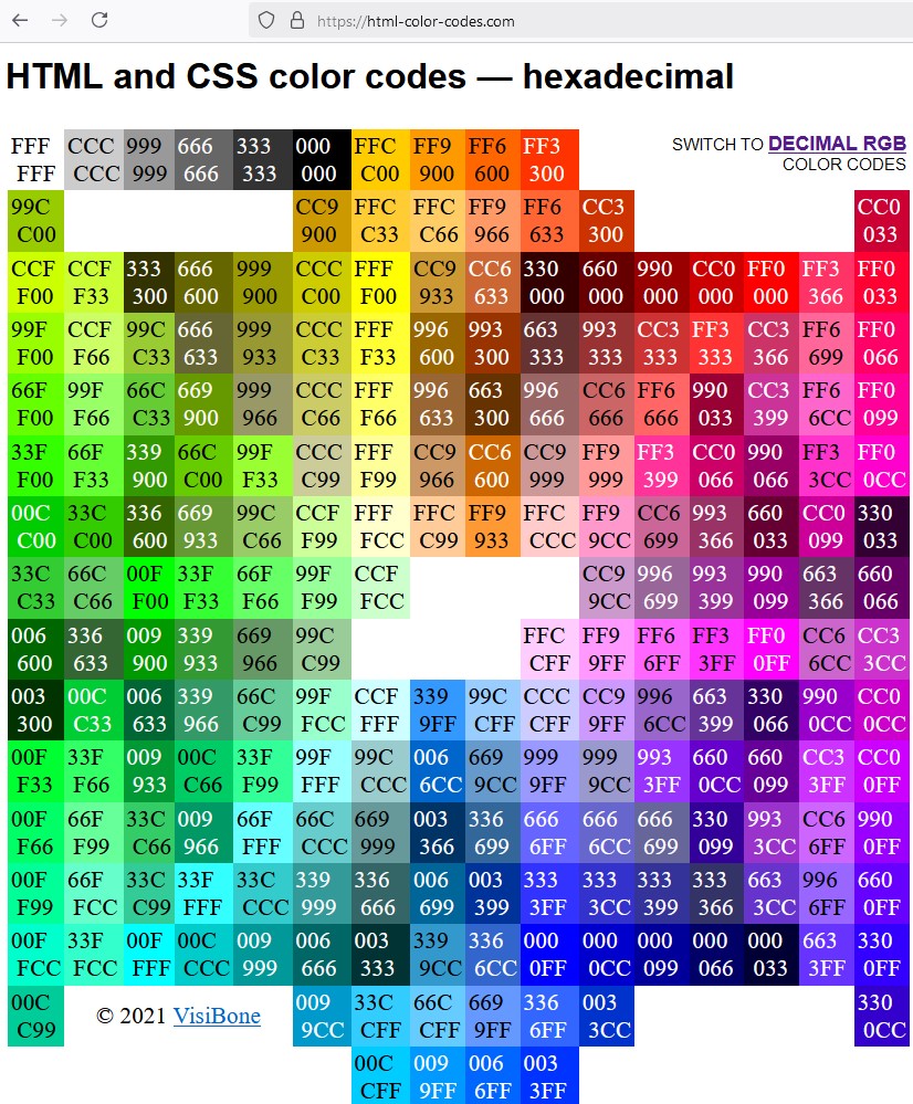 hex color codes chart